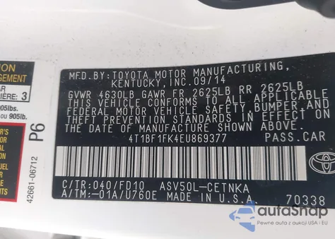 2014 Toyota Camry Le z USA, uszkodzony, nr VIN 4T1BF1FK4EU869377